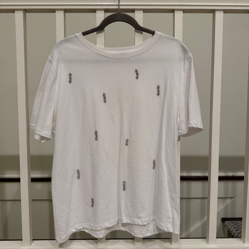 Zara White Short Sleeve Tee with Embellishments